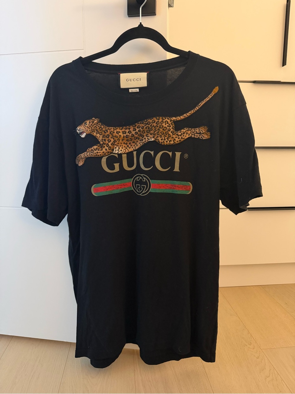 Gucci Black Leopard Graphic Crewneck T-Shirt with Red & Green Stripe